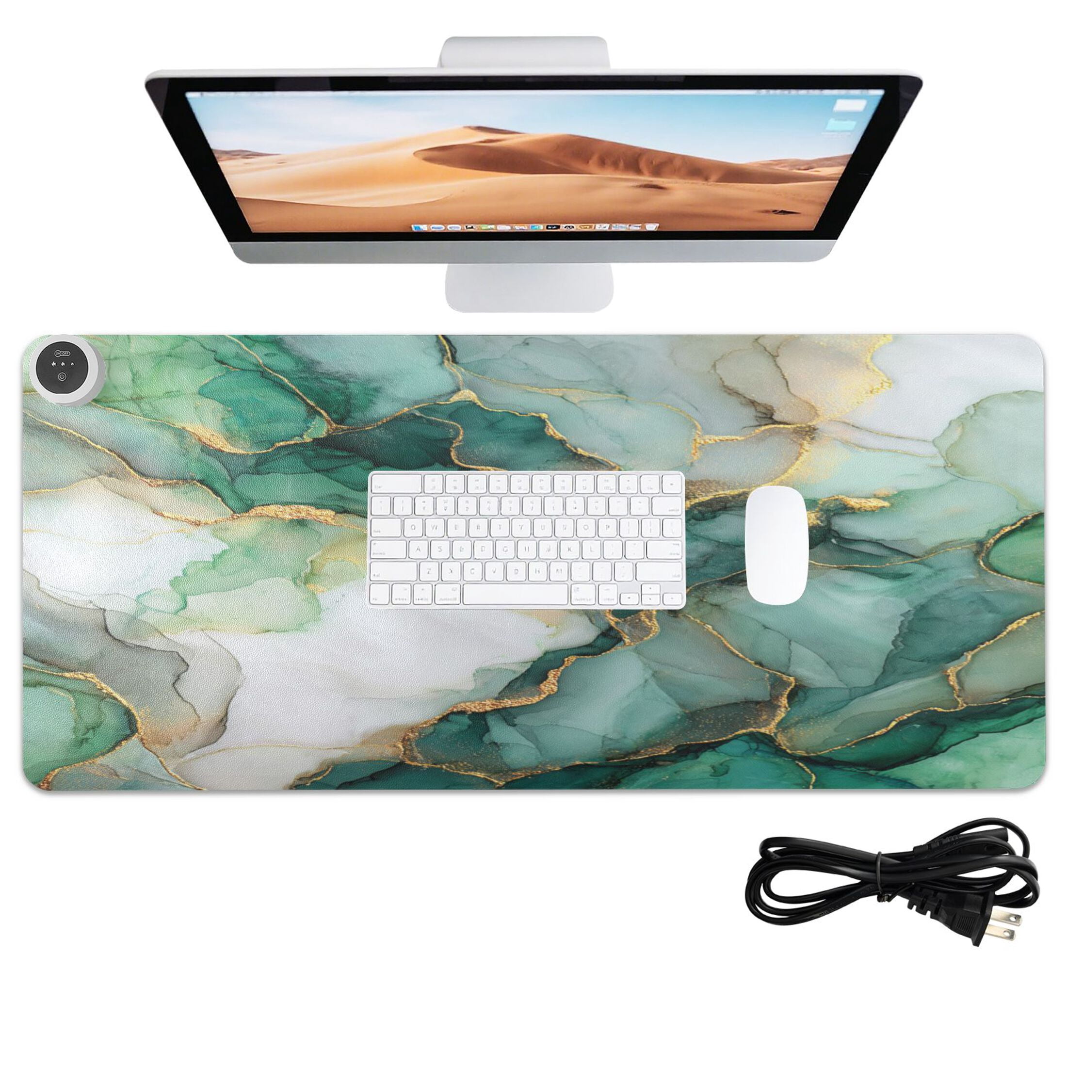 Large Heated Desk Mat Mouse Pad 31.5"x13"PU Leather Graphene Heating Desk Warmer with 3 Temperature Settings 110V US Plug Non-Slip Warm Pad for Home, Office, and Gaming Golden Green Marble Crack