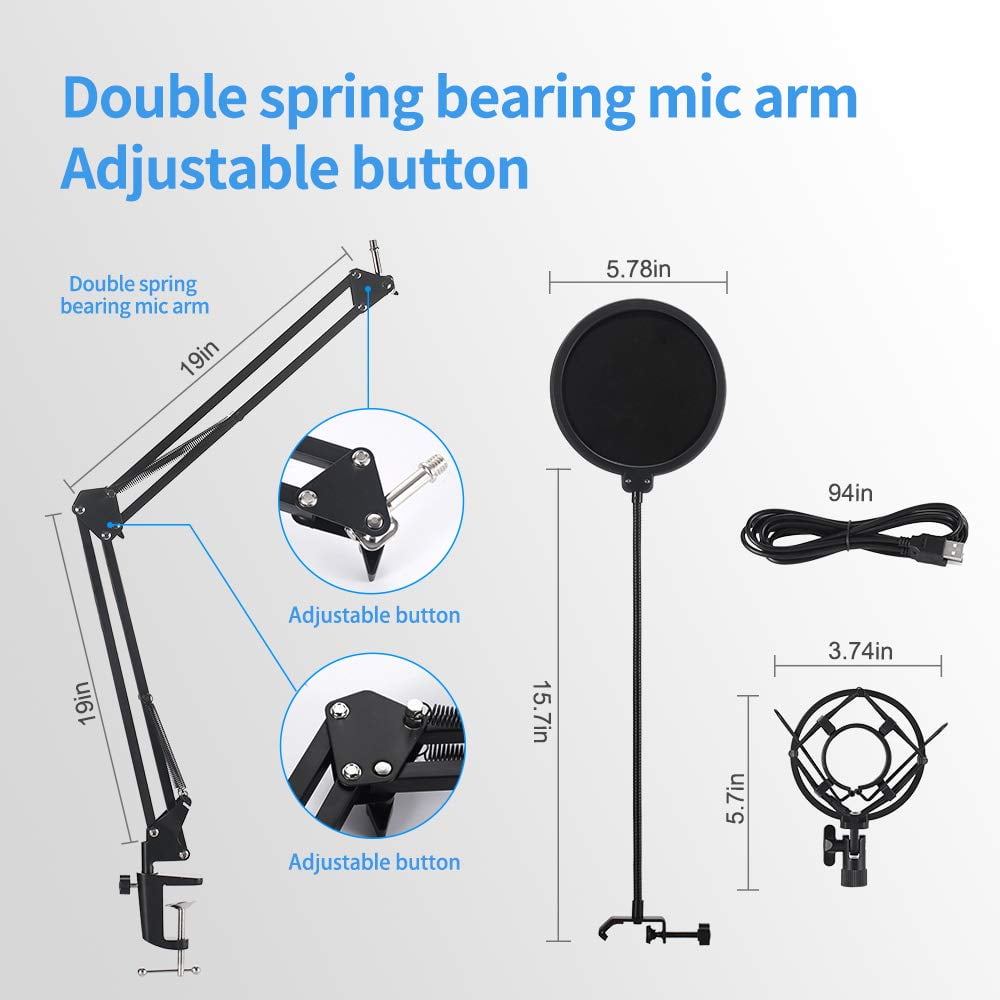 USB Streaming Podcast PC Microphone: Professional Computer Mic 192kHz/24bit Studio Cardioid Condenser Mic Kit with Sound Card Boom Arm Shock Mount Pop Filter,for Skype
