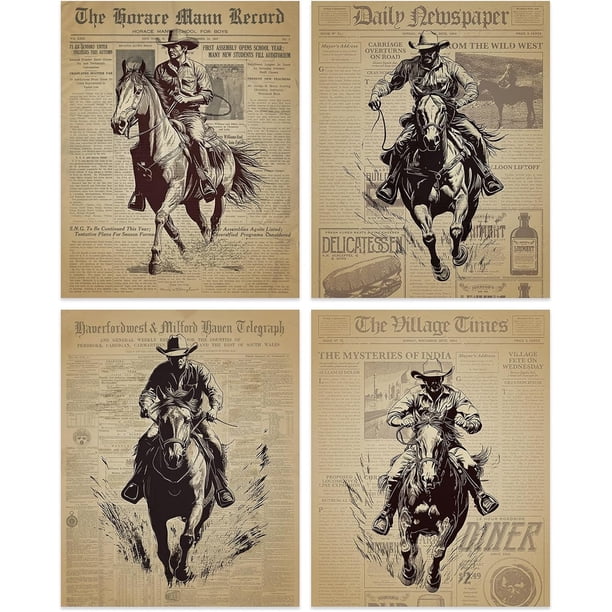 4 piezas de pintura de pared de vaquero occidental, cuadro de equitación, impresiones de pared, periódico vintage, lienzo al óleo, decoración de cueva de hombre