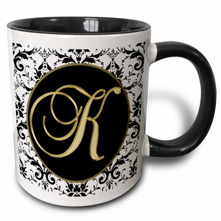 3dRose Image of The Script Letter K in Black White and Gold - Two Tone Black Mug, 11-ounce