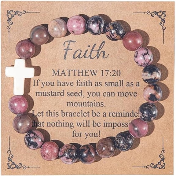Handmade Natural Stone Beaded Cross Pendant Crucifix Religious Catholic Bracelet Faith Inspirational Elastic Rope Protection Pray Jewelry for Women