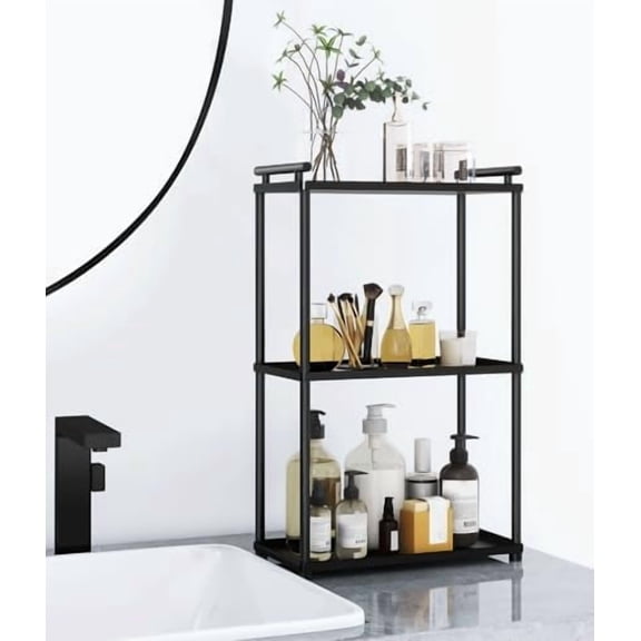 3 Tier Bathroom Organizer Countertop, Stainless Steel Perfume Tray and Vanity Countertop Shelf, Makeup Skin Care Bathroom Organizers and Storage for Dresser, Kitchen (Matte Black)