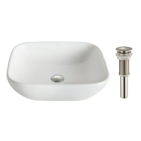 KRAUS Elavo™ Soft Square Ceramic Vessel Bathroom Sink in White with Pop-Up Drain in Brushed Nickel