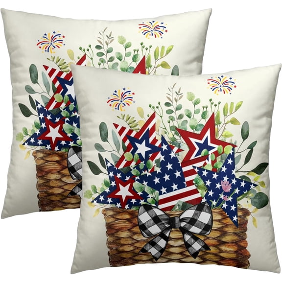 Patriotic Floral Pillow Covers 18x18 Inch, Set of 2 Holiday Stars Stripes Eucalyptus Leaves Basket Square Soft Cotton Cushion Pillowcases for Couch Bed Sofa Patio Home Decor