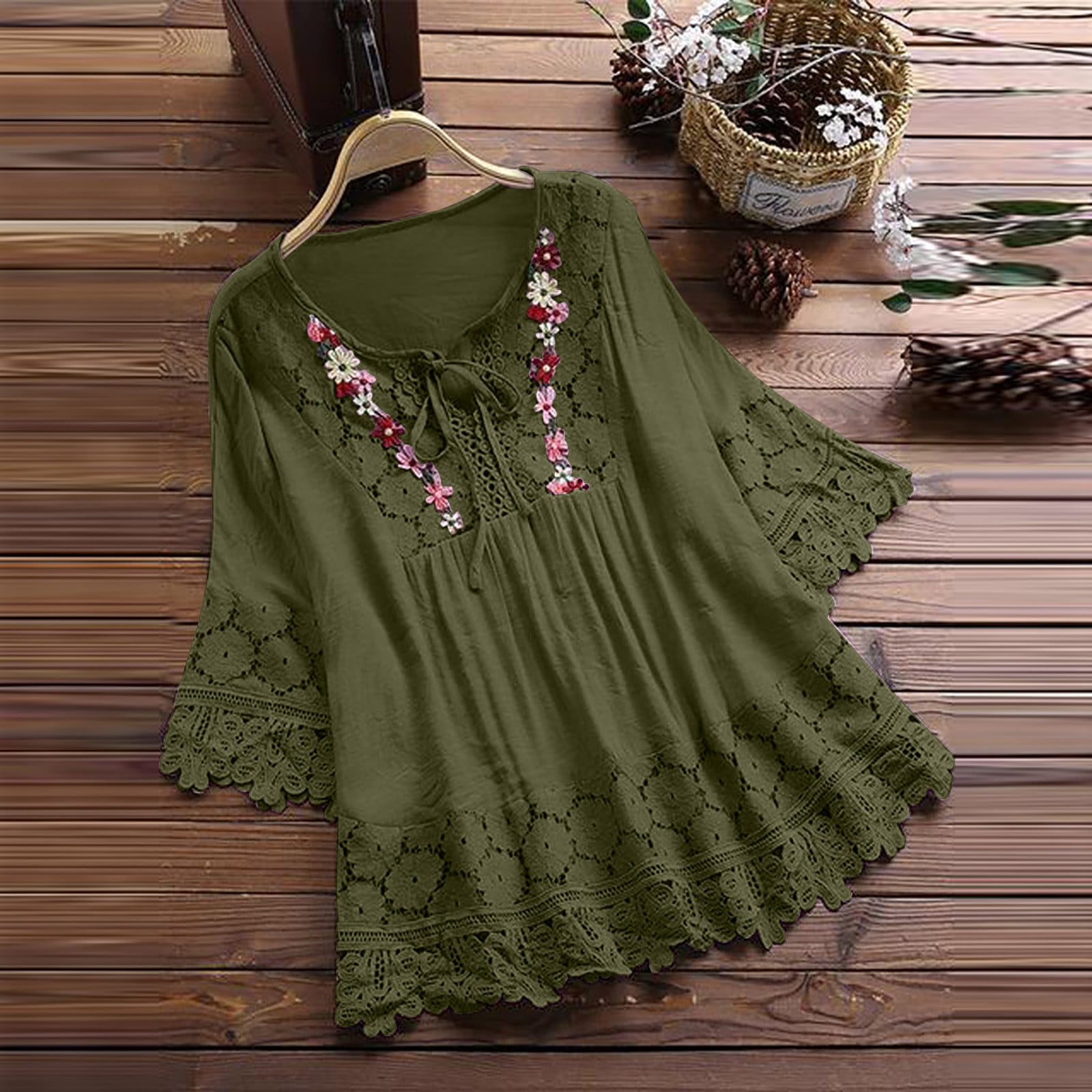 MIUOWANP Women Vintage Lace Patchwork Bow V-Neck Three
