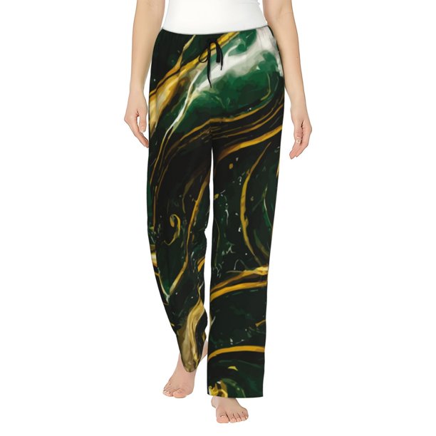 Fotbe Green Marble Pantalones de Pijama para Mujer, Pantalones de Dormir, Pantalones Pj con Cordón y Bolsillos-Large