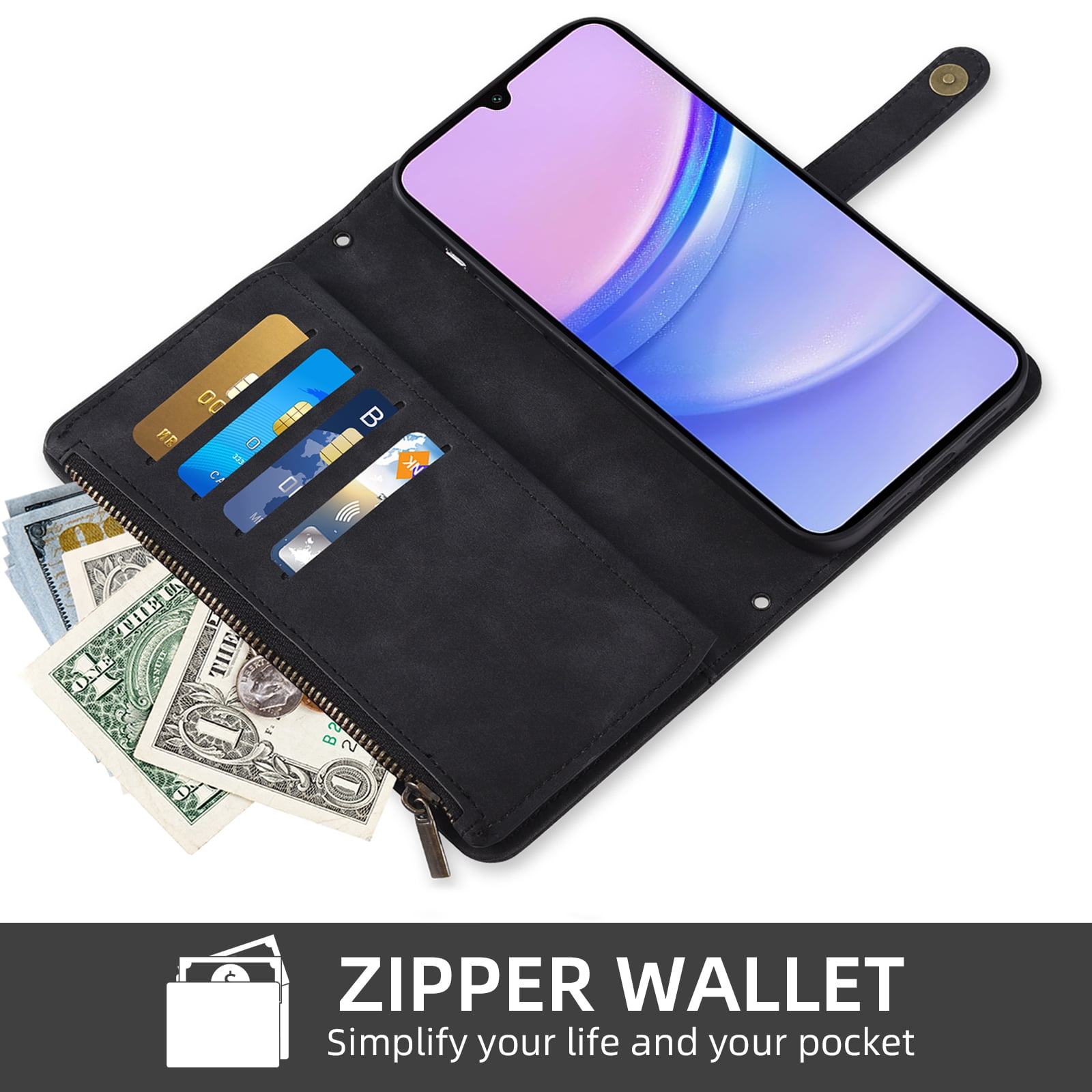 Asuwish Phone Case for Samsung Galaxy A15 5G/4G Wallet Cover With Tempered Glass Screen Protector Crossbody Wrist Strap Flip Pattern Zipper Credit Card Holder Stand Cell A 15 G5 15A Women Men Black