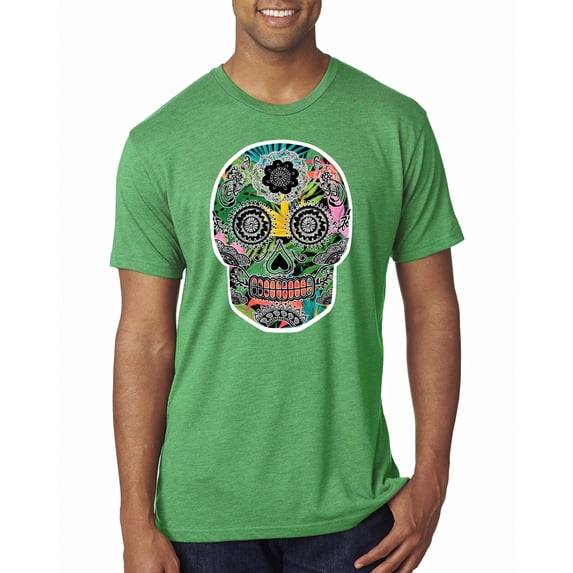 Wild Bobby, Day Of The Dead Calavera Skull Colorful Trippy | Mens Pop Culture Premium Tri Blend T-Shirt, Envy, Medium