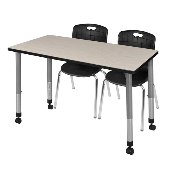 Regency Kee 48 x 24 in. Mobile Adjustable Classroom Table- Maple & 2 Andy 18 in. Stack Chairs- Black & Grey Base