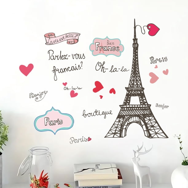 Adhesivos de pared con la Torre Eiffel de París con palabras en francés, 30 x 40 cm, PVC
