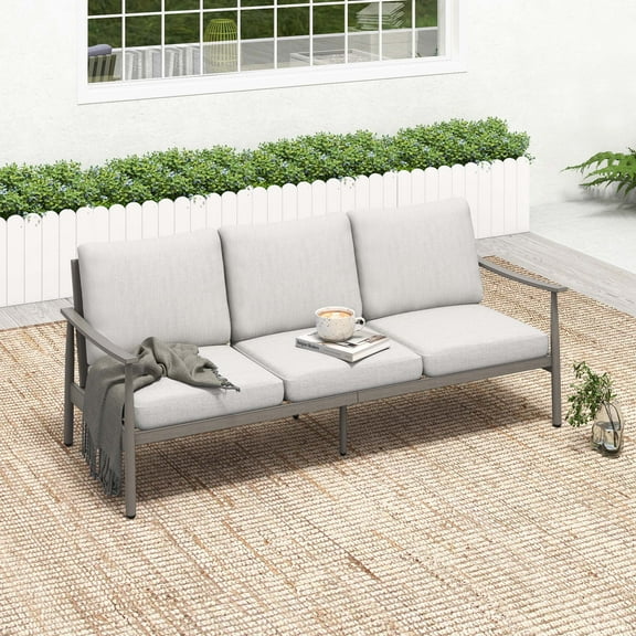 HAPPATIO Patio Furniture Aluminum 3 Seats Sofa Outdoor, All Weather Couch Furniture Aluminum Frame with Thick Cushion and Rope Backrest, for Deck, Lawn, Outside,Grey