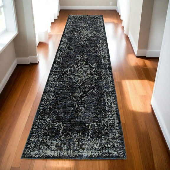 2' X 10' Blue And Brown Oriental Power Loom Stain Resistant Runner Rug