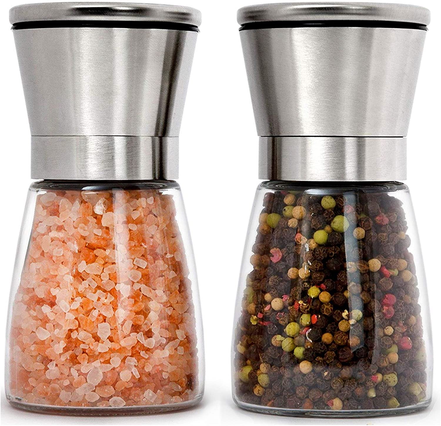 Salt and Pepper Grinders Shakers Set Mill Glass Stainless Steel Modern Spices 