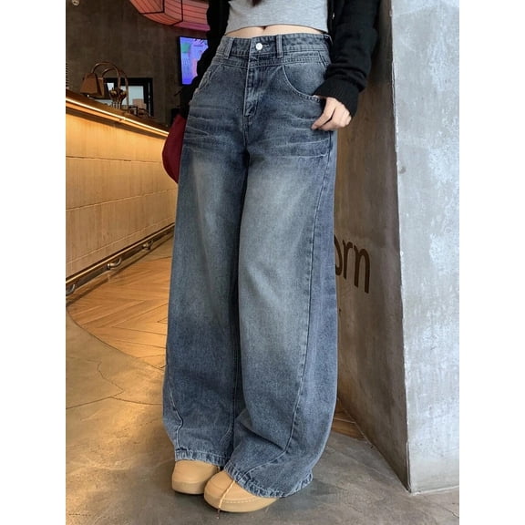 Women's High Waisted Wide Leg Loose Fit Washed Denim Pants
