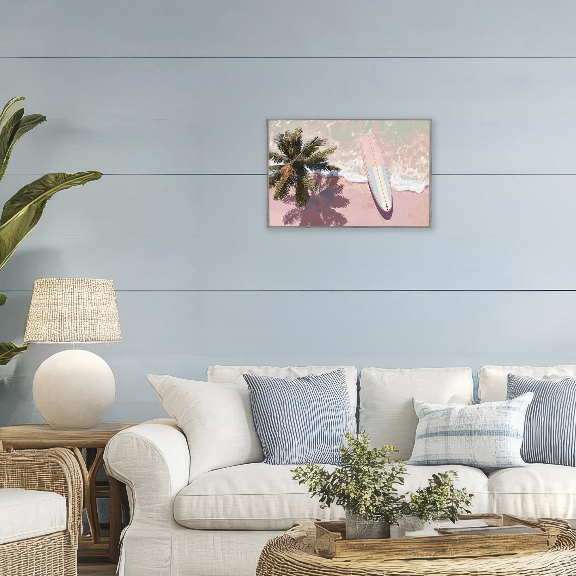 Stupell Industries Blush Pink Surfboard & Palm Gray Framed Giclee Art, design by Jacky Ngan