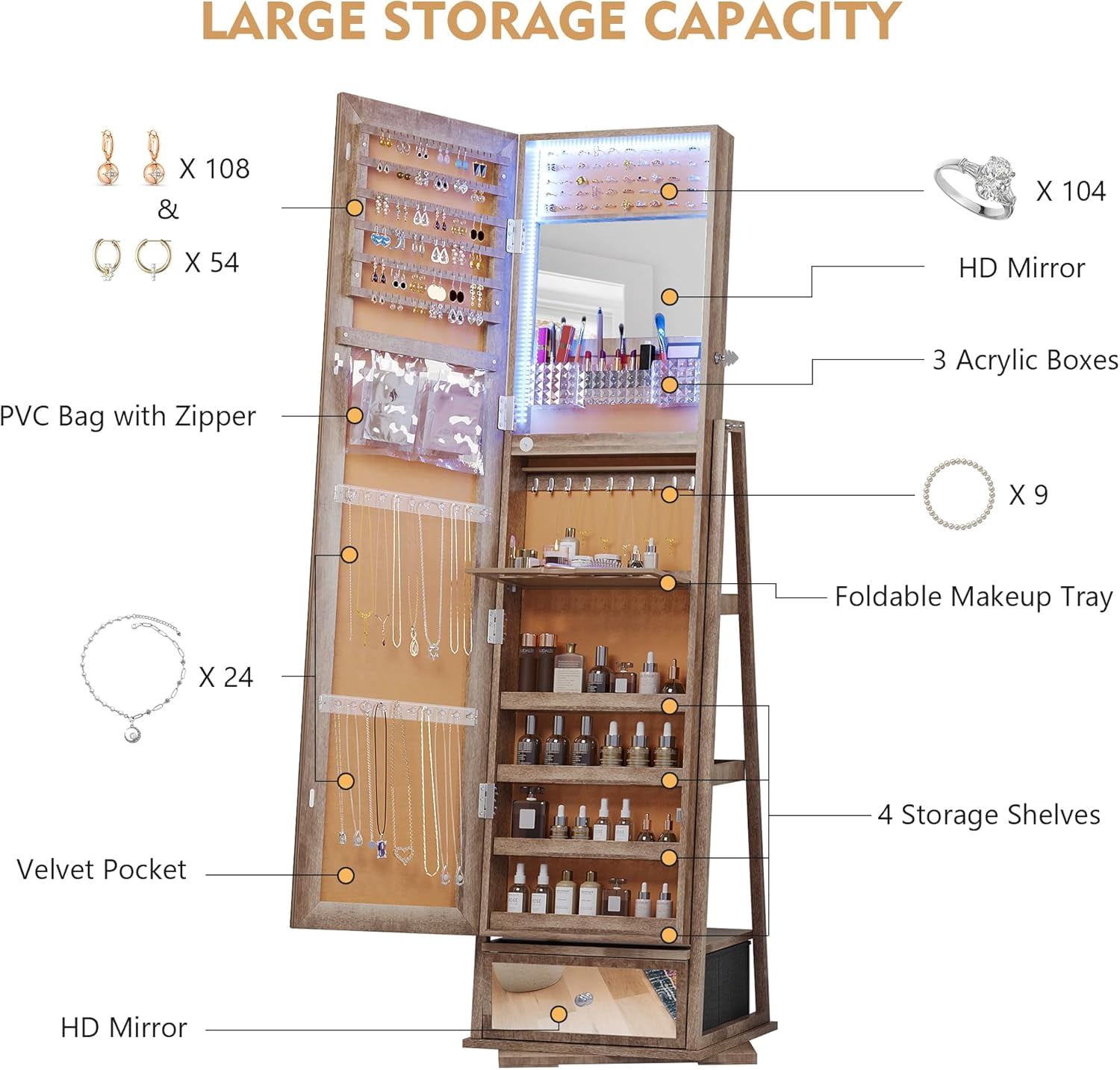 AENKYO 360 Rotating Jewelry Armoire, Lockable Mirror Cabinet with 3-Color Lights - Large Dimmable Organizer Modern Design，Brown