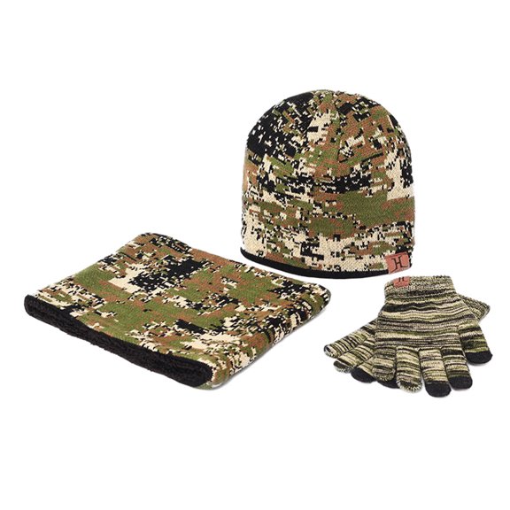 Sofullue Unisex Winter 3Pcs Camouflage Knit Warm Beanie Hat Scarf Touch Screen Gloves Set