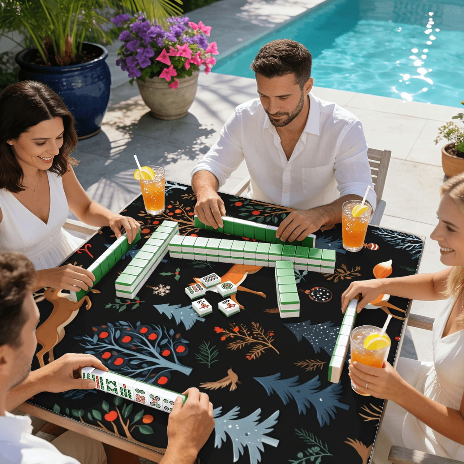 Mahjong Mat 31.5" x 31.5" Rustic seamless trees deer fox other Christmas print Non-Slip Noise Reduction American Mahjong Tiles Table Cover for Dominoes Poker Card Board Games Gift