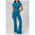 thumbnail image 2 of PISONIC 2 Piece Workout Sets for Women Short Sleeve Crop Top High Waist Flare Leggings Set Gym Yoga Outfits, 2 of 7