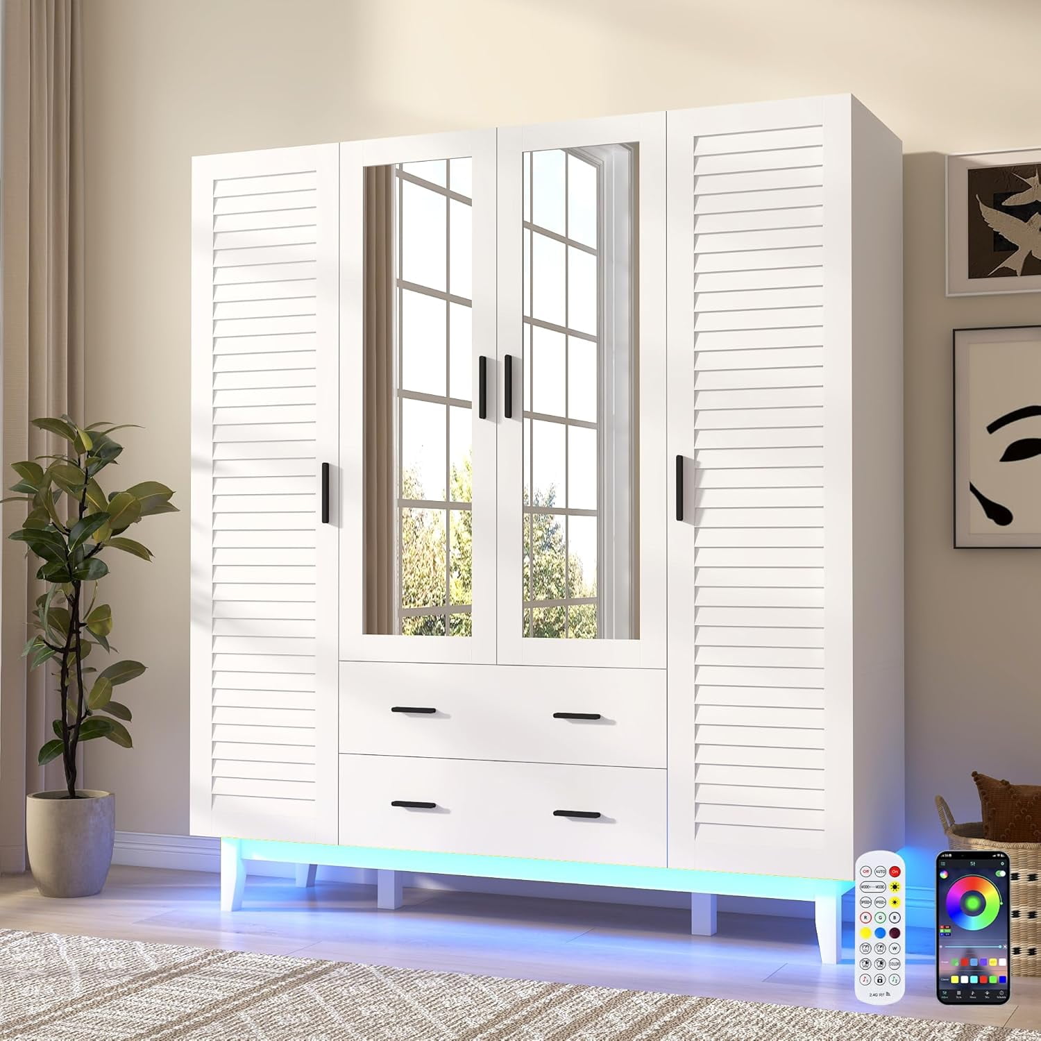 Blotout 70" Armoire Wardrobe Closet with Mirror & LED Lights, 4 Door Wardrobe Armoire with 2 Large Drawers, LED Wood Armoire Storage with Hanging Rods and Multi-Layer Shelves(White)