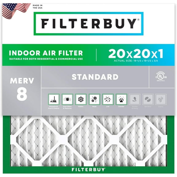 Filterbuy 20x20x1 MERV 8 Dust Defense, Pleated HVAC AC Furnace Air Filters (1-Pack)