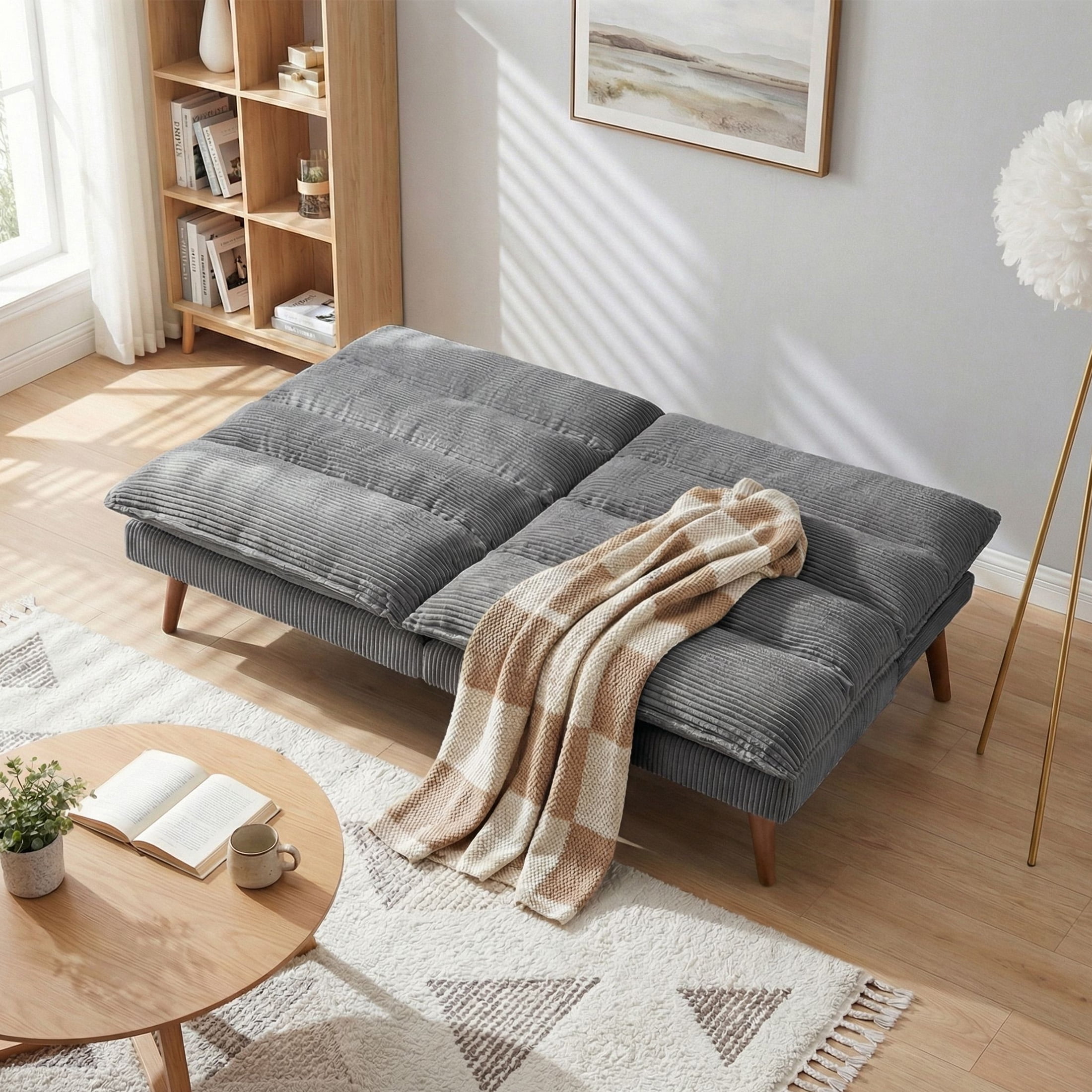edx Stylish Futon Sofa Bed - Memory Foam Convertible Loveseat, Perfect Sleeper Convertible Futon Couch for Living Room, Corduroy Upholstery,Gray