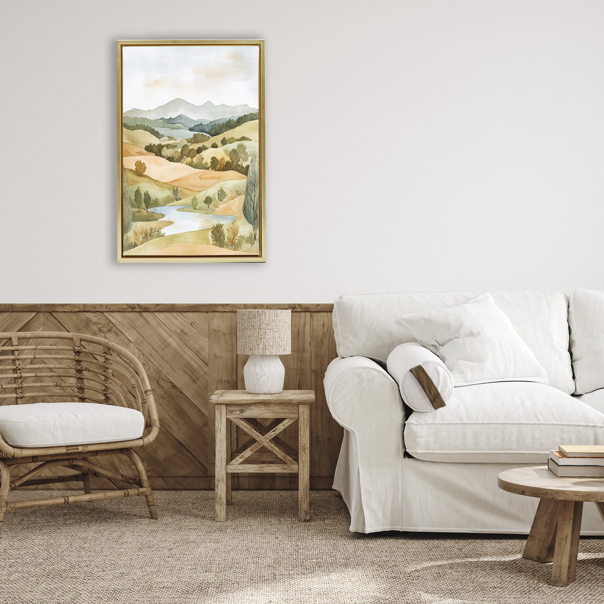 Stupell Industries Watercolor Hills & Tranquil Valley Gold Framed Floater Canvas Wall Art, design by Petal Prints Design