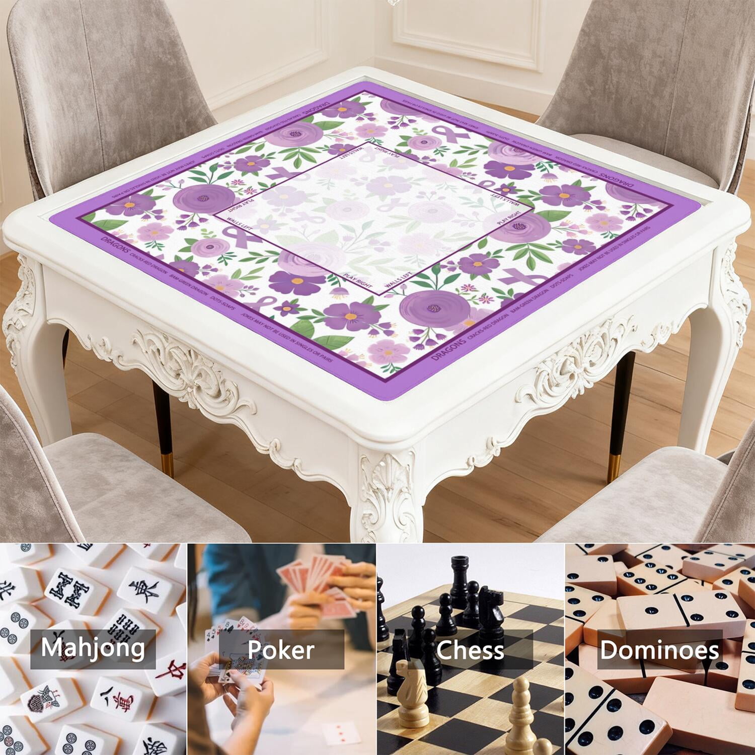 Flower Mahjong Mat with Rules, 31.5*31.5in Anti Slip American Mahjong Mat for Table, Noise Reduction, Neoprene Mah jongg Mats with Carrying Bag & 3 Dices, Mahjong Set Gift, Board Tile Games Mats