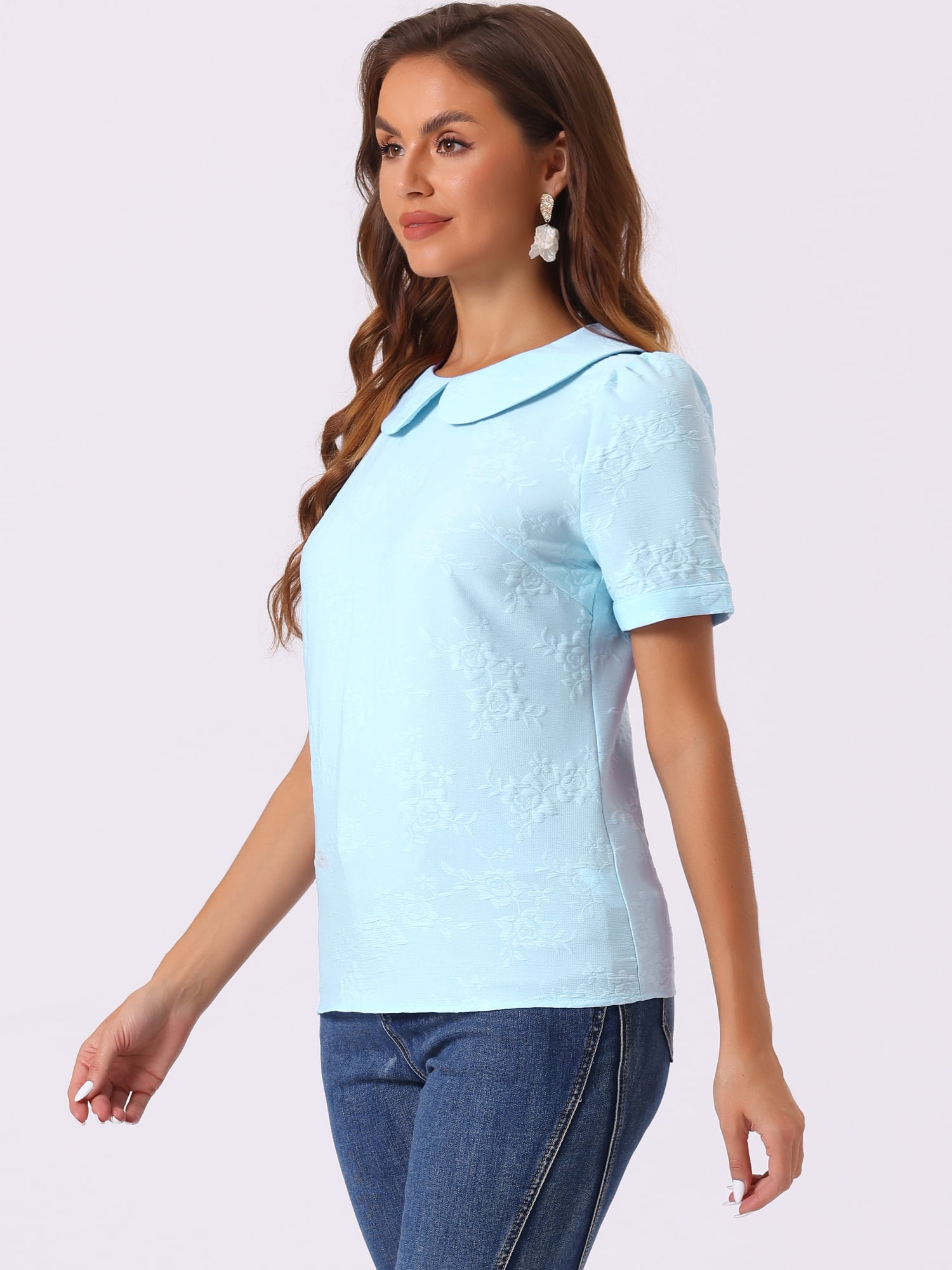 DARING DIVA Floral Puff Kawaii Peter Pan Collar Blouse XS Light Blue