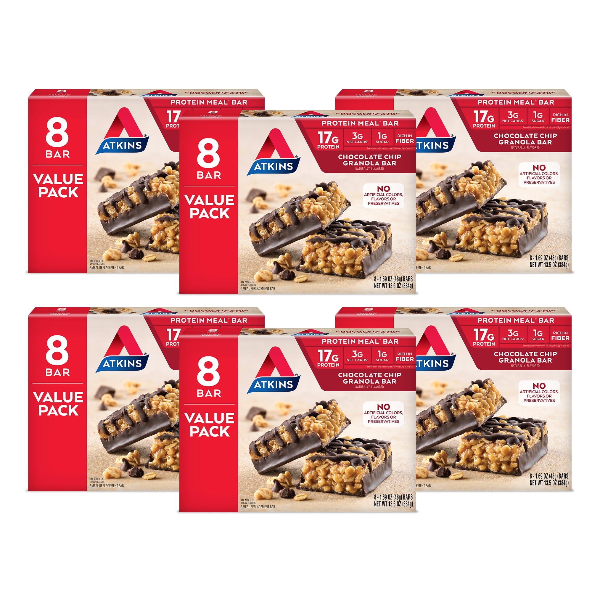 Atkins Chocolate Chip Granola Protein Meal Bar, High Fiber, Low Sugar, Meal Replacement, Keto Friendly, 6/8 Packs