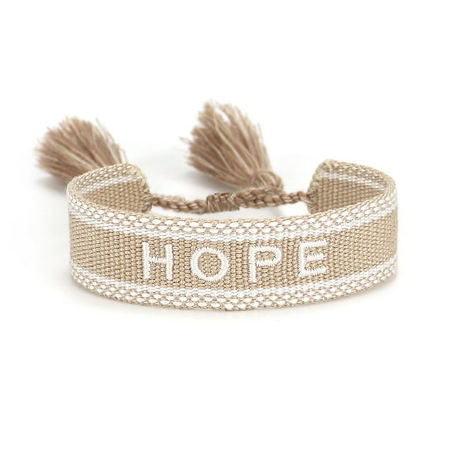 kurtrusly Bracelets Adjustable Handwoven With Embroidered Character Detail Manual Edge Locking Adjustable Rope Khaki hope