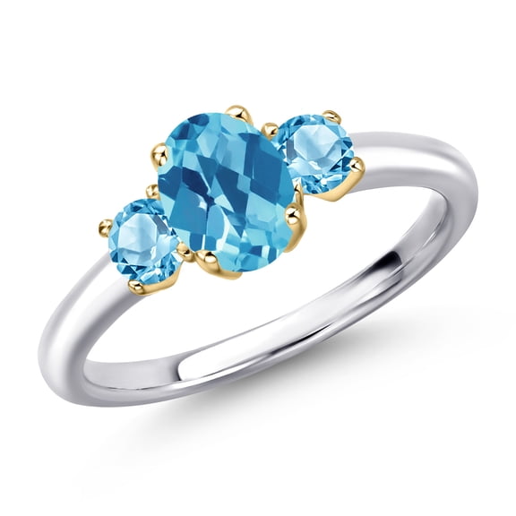Gem Stone King 10K Two Tone Gold Swiss Blue Topaz Engagement Ring for Women | 1.40 Cttw | Oval Checkerboard 7X5MM | Gemstone November Birthstone | Size 5