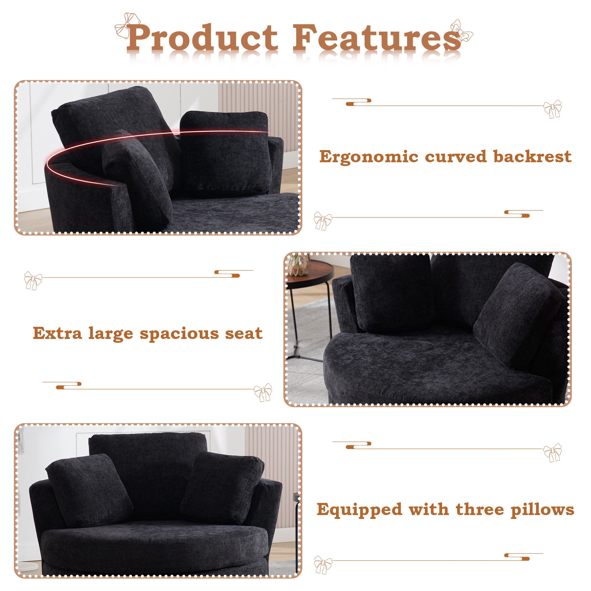 Muumblus Oversized Barrel Swivel Accent Chair Set of 2, Comfy Armchair with 3 Pillows, Modern Chenille Fabric Leisure Sofa Chair for Living Room, Bedroom, Black