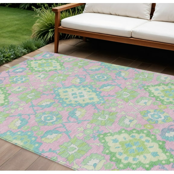 9' X 12' Pink Green And Blue Oriental Washable Indoor Outdoor Area Rug