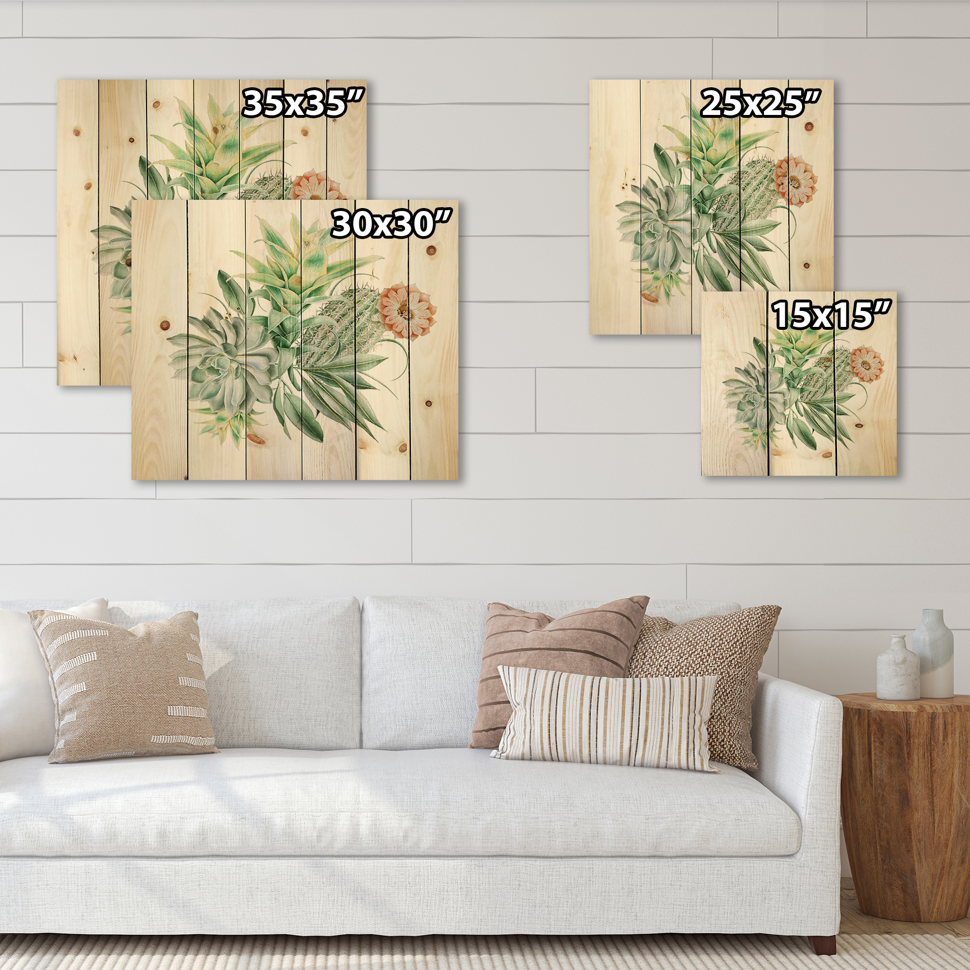 Designart 'Bouquet With Succulents and Cactus' Botanical Print on Natural Pine Wood