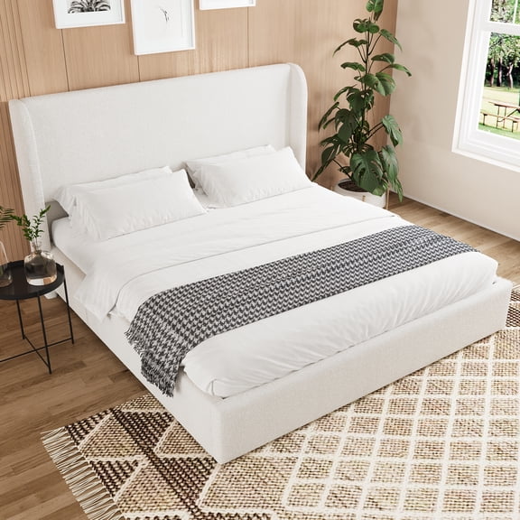 Jopath Queen Size Boucle Bed Frame, Upholstered Cloud Bed Frame with Headboard, Solid Wood Legs and Slats for Teen and Adult White