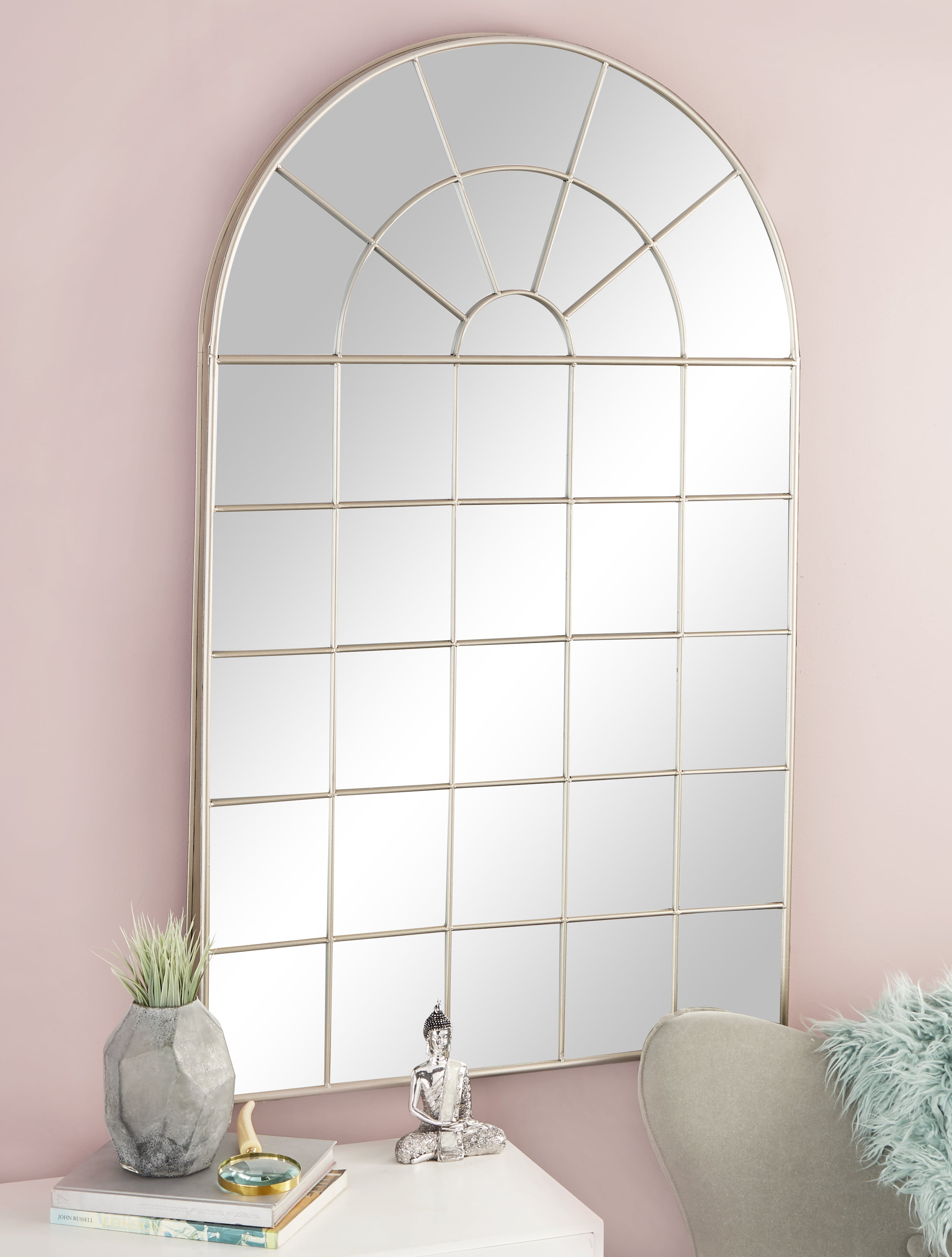 whitewashed window pane mirror