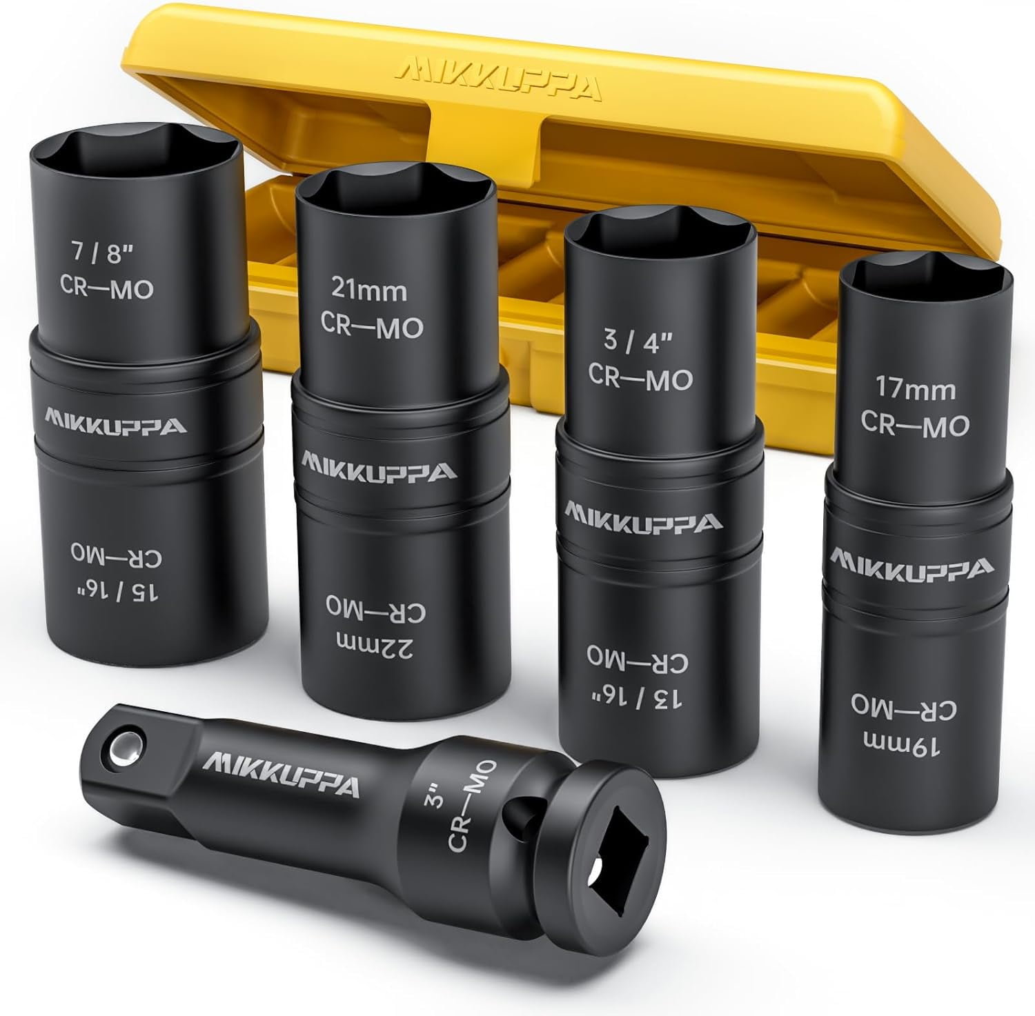 RGHJAR-5 PCS 1/2" Drive Impact Socket Set, Flip Socket Set, Cr-Mo Steel, Includes 3 Inch Bar Extension, Double Side Half Size Lug Nut Extractor Set