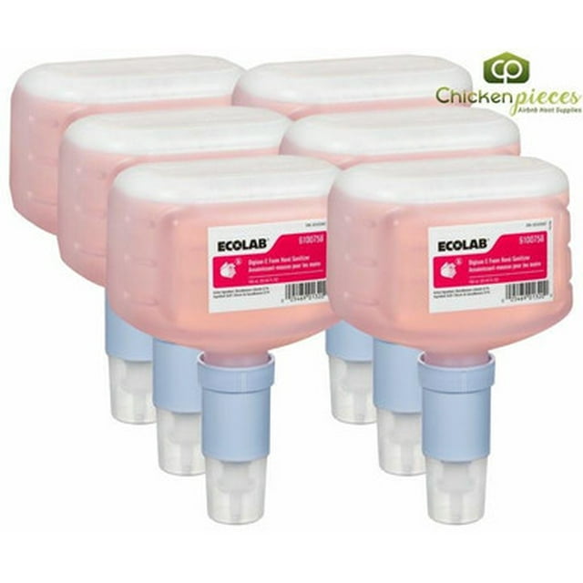 Ecolab DigiSan E Foam Hand Sanitizer, 750 ML/1.5 LBS bottles, shown in a set of six. The non-alcohol-based foaming sanitizer is FDA food code-compliant, designed for effective bacteria reduction, and enhanced with skin conditioners for moisturizing. Ideal for kitchens and food service environments.