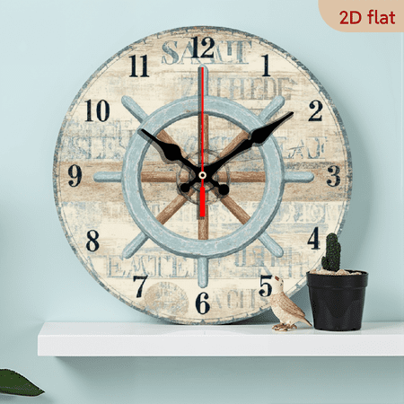 2D Flat, 1pc 10Inch Rustic Farmhouse Nautical Ship Wheel Wooden Wall Clock, Silent Quartz Movement, Round Shape, AA Battery Operated (Not Included), 2D Flat Design, Ideal for Kitchen, Bedroom, Liv