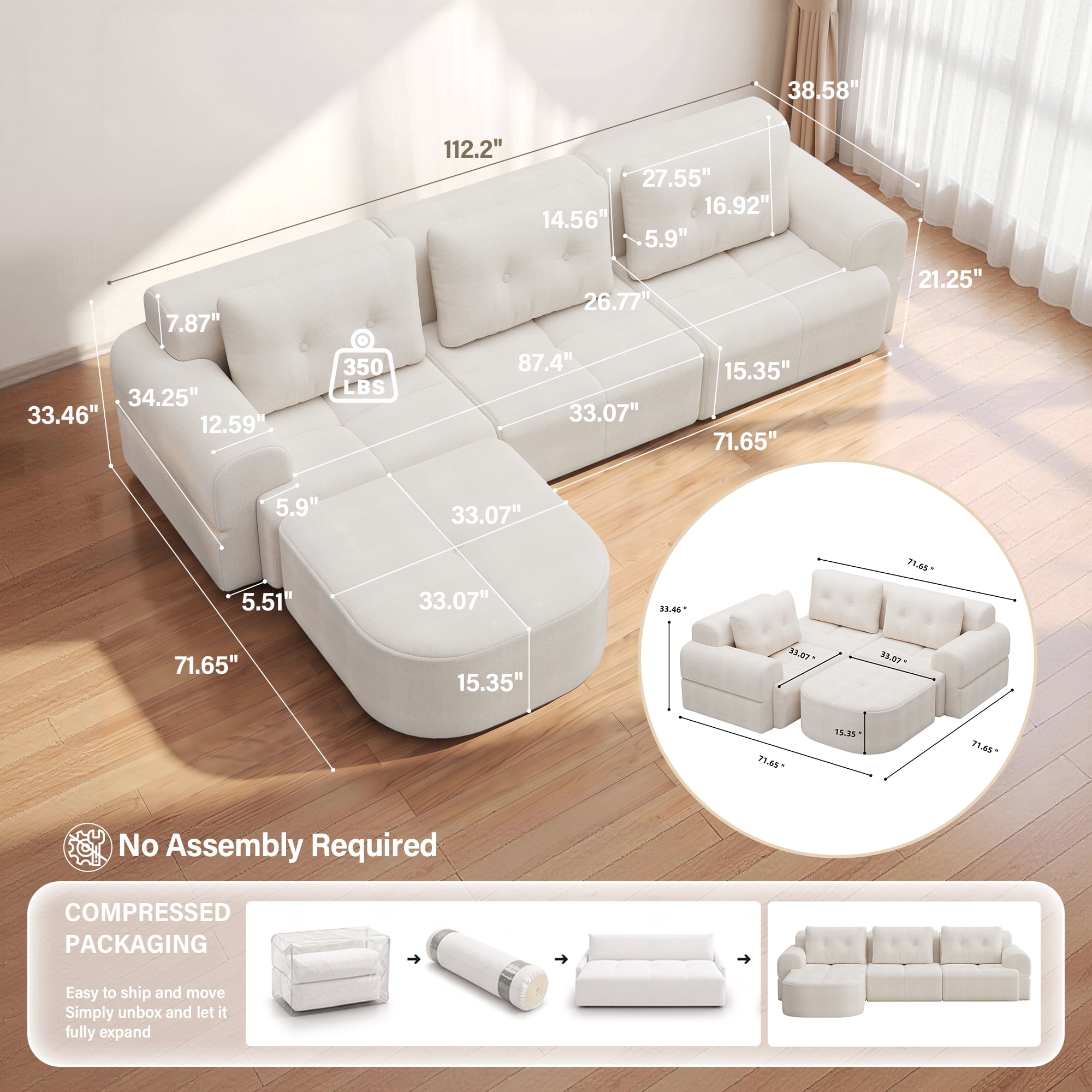Aukfa 112" Modular Sectional Sofa with Chaise, Full-Foam Boneless Cloud Couch, Woven Chenille Oversized Deep Seat Sofa with 3 Pillows for Living Room, Beige