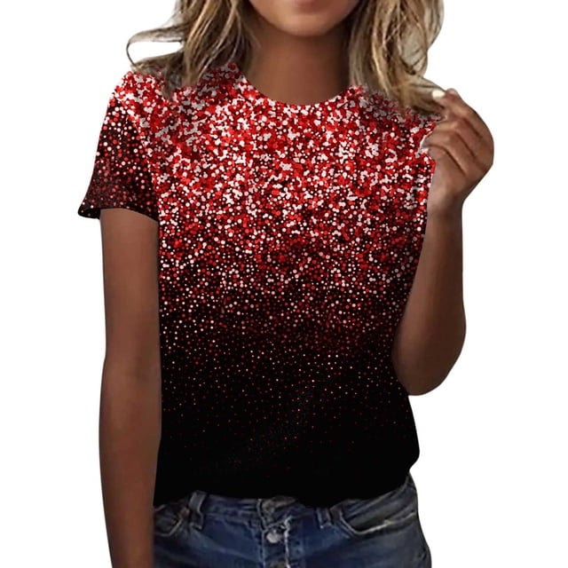 TSADFHJI Chandails pour Femmes en Coton Mode Décontractée pour Femmes Dégradé à Paillettes Imprimé Col Rond T-Shirt Ample