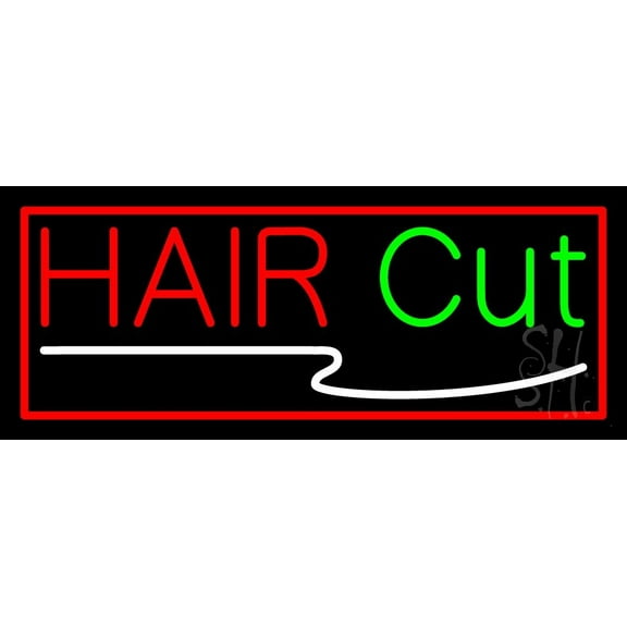 Hair Cut With Red Border LED Neon Sign 10 x 24 - inches, Black Square Cut Acrylic Backing, with Dimmer - Bright and Premium built indoor LED Neon Sign for Defence Force.