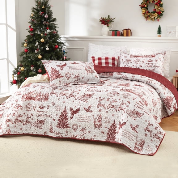 Christmas Holiday Quilt Set, Soft Breathable Lightweight Coverlet Bedspread – 3-Piece with 2 Pillow Shams – Queen/King