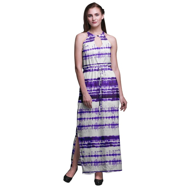 Bimba Robe Longue de Soirée à Imprimé Teinture sur Nœuds pour Femmes, Col Rond, Fentes Latérales, Dos Nu, TTTG