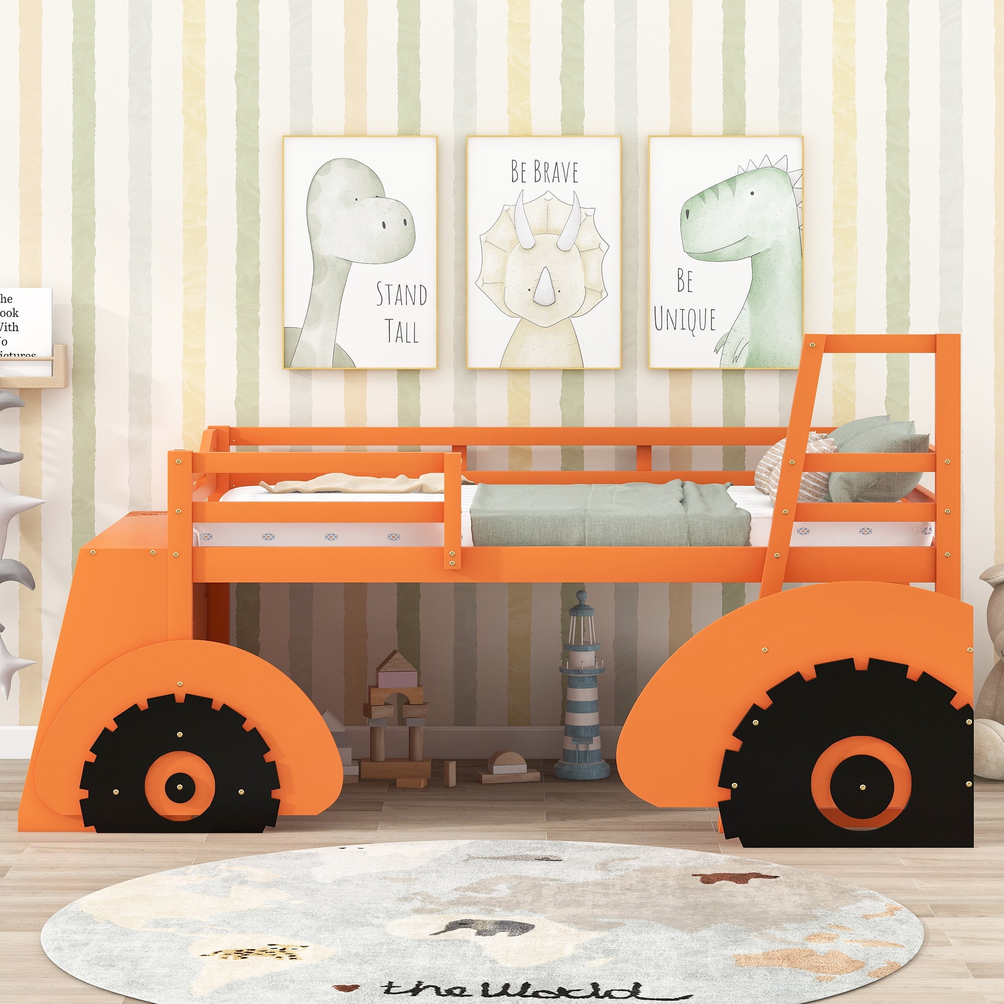 Twin Size Forklift CarShaped Solid Wood Loft Bed with Storage Shelves