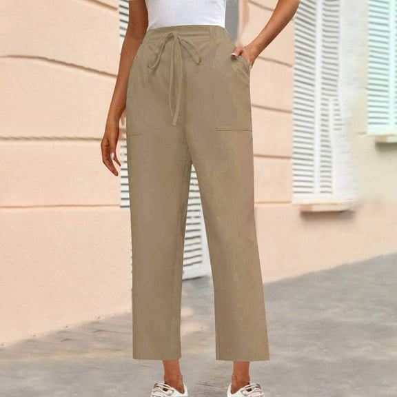 WFJCJPAF 2025 New Product Pants for Women Plus Size 4X,Women's Fashion Drawstring Casual Solid Color Micro-Stretch Pocket Loose Pants - Khaki S