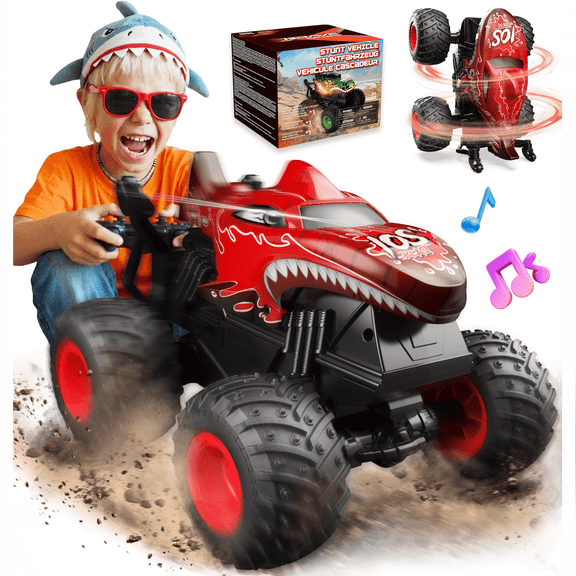 YCFUN Remote Control Car for Boys, RC Monster Truck Toys for Kids with 360° Stunt Spins & Music and Lights, RC Toy Gift for Boys & Girls (Red)