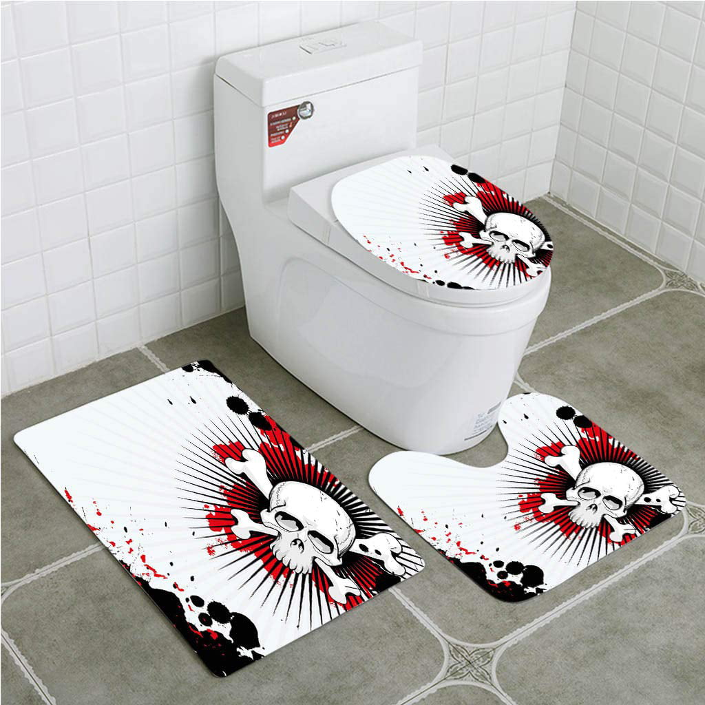 3pcs Bathroom Set Skull Fashion Toilet Covers Non-slip Shower Bathmat Carpet Rug 