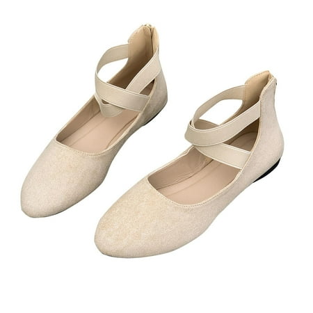 Xfvqtps Ladys Single Shoes Suede Surface Elastic Ankle Strap Soft Sole Pointy Toe Flats Bottom Ballet Rear Ankle Zipper Shoes New Large Size Shallow Mouth Elastic Flat Shoes Beige